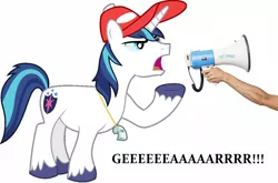 Size: 1342x886 | Tagged: safe, derpibooru import, shining armor, ponified, earth pony, pony, coach, gear, hat, human arm, jon glaser loves gear, male, megaphone, photoshop, text, tv reference, whistle, yelling