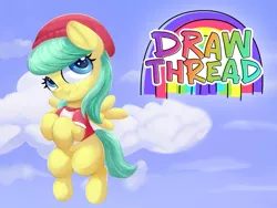 Size: 1988x1491 | Tagged: safe, artist:anonymous, derpibooru import, barley barrel, pegasus, pony, rainbow roadtrip, /mlp/, 4chan, beanie, blank flank, clothes, cloud, drawthread, female, filly, flying, freckles, happy, hat, logo, looking up, nostrils, rainbow, shirt, sky, smiling, solo, t-shirt, text