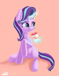 Size: 2000x2550 | Tagged: safe, artist:pucksterv, artist:styroponyworks, derpibooru import, starlight glimmer, pony, unicorn, collaboration, cup, cute, drink, drinking, fast food, female, food, glimmerbetes, in-n-out, mare, pink background, pun, simple background, sitting, smiling, solo