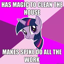 Size: 600x600 | Tagged: safe, derpibooru import, twilight sparkle, pony, unicorn, caption, female, head only, image macro, implied slavery, implied spike, mare, solo, sunburst background, text, unicorn twilight