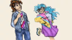 Size: 1920x1080 | Tagged: 80s, artist:elisdoominika, clothes, derpibooru import, falis, glasses, human, humanized, jeans, oc, oc:fahu, oc:sweet elis, pants, safe, shirt, shoes, simple background, skirt, smiling, standing