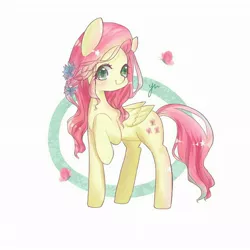 Size: 1024x1024 | Tagged: safe, artist:croon yu, derpibooru import, fluttershy, butterfly, pegasus, pony, abstract background, braid, colored pupils, cute, female, flower, flower in hair, mare, pixiv, shyabetes, solo