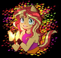 Size: 3549x3387 | Tagged: safe, artist:cornalina31, derpibooru import, sunset shimmer, equestria girls, abstract background, anime, big eyes, bust, clapping, colorful background, cute, happy, open mouth, ponied up, pony ears, ponytail, shimmerbetes, solo