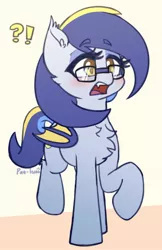 Size: 1104x1701 | Tagged: safe, artist:puetsua, derpibooru import, oc, oc:eclipse lim, unofficial characters only, bat pony, pony, bat pony oc, bat wings, blushing, chest fluff, ear fluff, exclamation point, fangs, female, glasses, interrobang, lidded eyes, mare, open mouth, question mark, raised hoof, raised leg, solo, surprised, wings