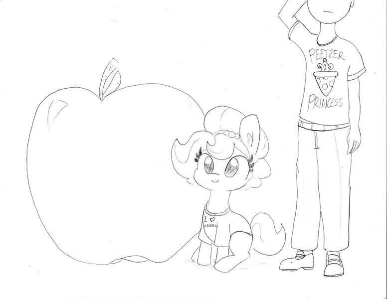 Size: 1863x1440 | Tagged: safe, artist:tjpones, derpibooru import, oc, oc:brownie bun, oc:richard, unofficial characters only, earth pony, human, pony, horse wife, apple, clothes, duo, ear fluff, female, food, giant apple, giant produce, grayscale, human male, implied princess cadance, male, mare, monochrome, peetzer, pencil drawing, pun, shirt, simple background, sitting, traditional art, white background