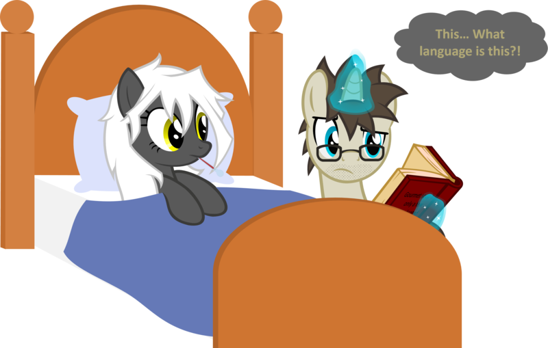 Size: 2574x1638 | Tagged: safe, artist:zacatron94, derpibooru import, oc, oc:blank novel, oc:captain white, unofficial characters only, pegasus, pony, unicorn, bed, book, female, magic, male, mare, oc x oc, shipping, simple background, stallion, straight, thermometer, transparent background, vector, whitenovel