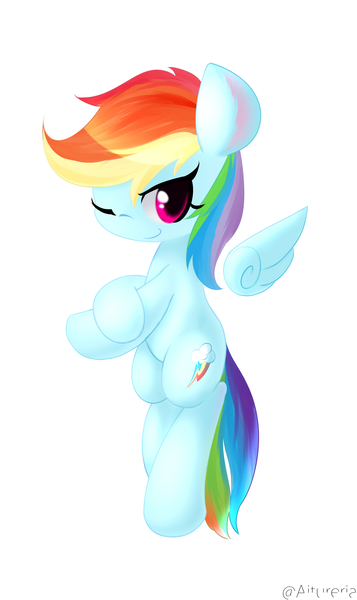 Size: 2200x3700 | Tagged: safe, artist:aitureria, derpibooru import, rainbow dash, pegasus, pony, cute, dashabetes, female, floating wings, mare, one eye closed, simple background, solo, white background, wings, wink