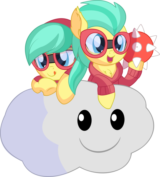 Size: 6874x7621 | Tagged: safe, artist:cyanlightning, derpibooru import, barley barrel, pickle barrel, pony, rainbow roadtrip, .svg available, absurd resolution, barleybetes, barrel twins, barrelbetes, beanie, brother, brother and sister, clothes, colt, cute, duo, ear fluff, family, female, filly, flying, goggles, hat, hoodie, imminent doom, jacket, lakitu, lakitu cloud, male, open mouth, picklebetes, shirt, siblings, simple background, sister, smiling, spiny egg, super mario bros., sweater, t-shirt, transparent background, twins, vector