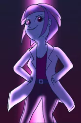 Size: 2057x3092 | Tagged: safe, artist:berrypunchrules, derpibooru import, sunny flare, equestria girls, clothes, evil, female, hands in pockets, high res, lab coat, scientist, solo