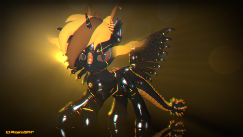 Size: 3840x2160 | Tagged: safe, artist:phoenixtm, derpibooru import, oc, oc:phoenix stardash, dracony, dragon, hybrid, pony, robot, robot pony, 3d, armor, armored wings, battle stance, dracony alicorn, error, glitch, looking at camera, robot dracony, source filmmaker, spread wings, watermark, wings