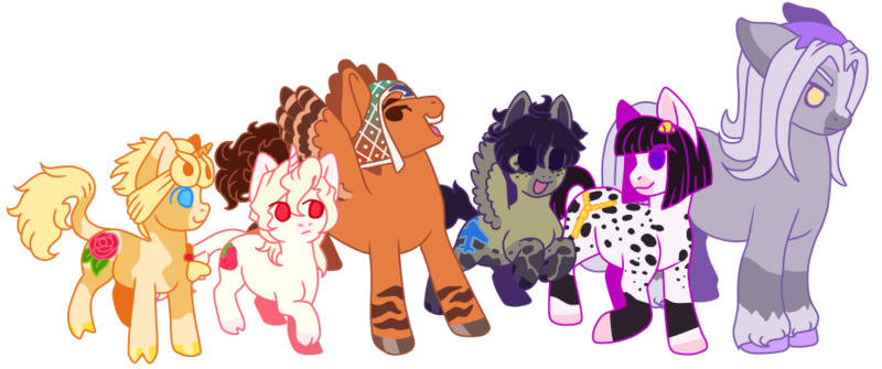 Size: 930x390 | Tagged: safe, artist:guidomista, artist:miiistaaa, artist:nijimillions, derpibooru import, ponified, earth pony, pegasus, pony, unicorn, abbacchio, accessories, accessory, albino, anime, black hair, black mane, blaze (coat marking), blonde, blonde hair, blonde mane, braid, brown, bruno, bruno buccellati, cloven hooves, crossover, curls, curly, curly hair, curly mane, curly tail, flower, friends, friendship, frown, gang, gangsta, gangster, giorno, giorno giovanna, group, group picture, guido, guido mista, hat, height difference, hooves, hooves to the chest, hooves together, hooves up, horn, jjba, jojo, jojo's bizarre adventure, leone abbachio, leonine tail, looking at each other, looking down, mafia, male, messy hair, mista, mob, mouth closed, muzzle, narancia ghirga, one hoof raised, open mouth, pannacotta fugo, passione, polka dots, rose, short, simple background, size difference, small male, small pony, smiling, socks (coat marking), splotches, spots, spotted, stallion, straight hair, straight mane, straight tail, stripes, tall, transparent background, vento aureo, white, white hair, white mane