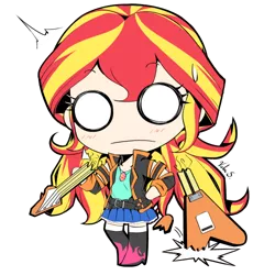 Size: 500x500 | Tagged: safe, artist:banzatou, derpibooru import, sunset shimmer, human, equestria girls, belt, boots, broken, chibi, clothes, cute, electric guitar, female, guitar, high heel boots, humanized, jacket, manga style, miniskirt, musical instrument, oops, pleated skirt, shoes, simple background, skirt, socks, solo, transparent background