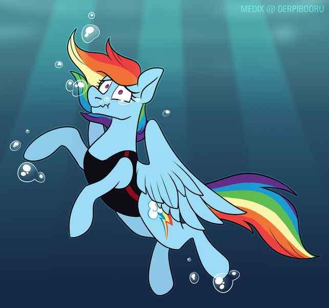 Size: 1808x1689 | Tagged: safe, artist:medix, derpibooru import, rainbow dash, pegasus, pony, asphyxiation, bubble, clothes, commission, drowning, holding breath, light rays, ocean, one-piece swimsuit, solo, swimming, swimsuit, underwater, water