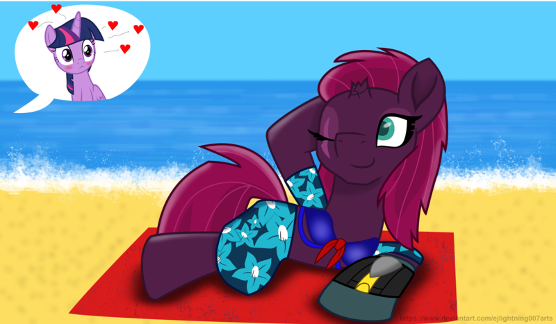 Size: 2860x1668 | Tagged: safe, artist:ejlightning007arts, derpibooru import, fizzlepop berrytwist, tempest shadow, twilight sparkle, twilight sparkle (alicorn), alicorn, pony, alternate hairstyle, beach, beach towel, bikini, bikini top, clothes, cute, eye scar, female, floating heart, heart, lesbian, one eye closed, sarong, scar, shipping, summer, swimsuit, tempestbetes, tempestlight, water, wink