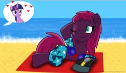 Size: 2860x1668 | Tagged: safe, artist:ejlightning007arts, derpibooru import, fizzlepop berrytwist, tempest shadow, twilight sparkle, twilight sparkle (alicorn), alicorn, pony, alternate hairstyle, beach, beach towel, bikini, bikini top, clothes, cute, eye scar, female, floating heart, heart, lesbian, one eye closed, sarong, scar, shipping, summer, swimsuit, tempestbetes, tempestlight, water, wink