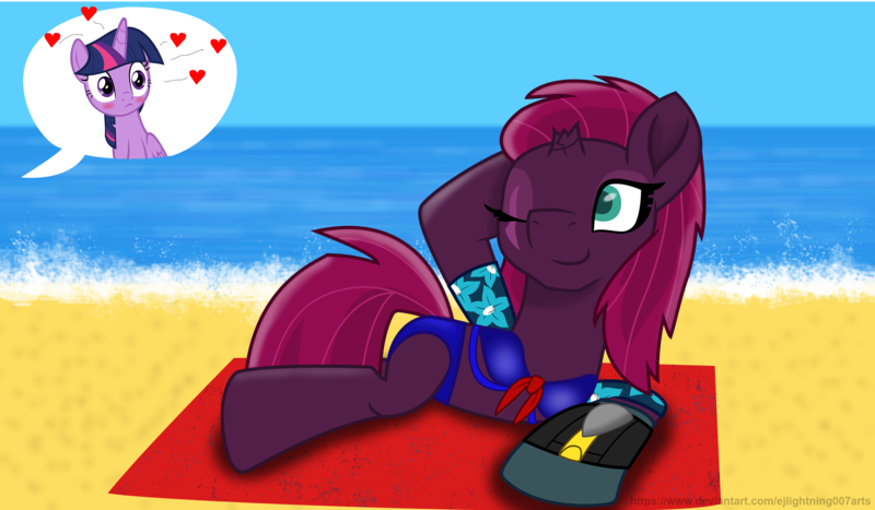 Size: 2857x1667 | Tagged: safe, alternate version, artist:ejlightning007arts, derpibooru import, edit, fizzlepop berrytwist, tempest shadow, twilight sparkle, twilight sparkle (alicorn), alicorn, pony, alternate hairstyle, beach, beach towel, bikini, bikini bottom, bikini top, clothes, cute, eye scar, female, floating heart, heart, lesbian, one eye closed, scar, shipping, summer, swimsuit, tempestbetes, tempestlight, water, wink