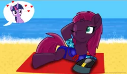 Size: 2857x1667 | Tagged: safe, alternate version, artist:ejlightning007arts, derpibooru import, edit, fizzlepop berrytwist, tempest shadow, twilight sparkle, twilight sparkle (alicorn), alicorn, pony, alternate hairstyle, beach, beach towel, bikini, bikini bottom, bikini top, clothes, cute, eye scar, female, floating heart, heart, lesbian, one eye closed, scar, shipping, summer, swimsuit, tempestbetes, tempestlight, water, wink