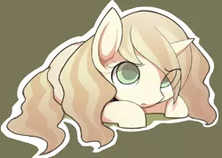 Size: 1200x856 | Tagged: safe, artist:ccc, derpibooru import, sweet biscuit, pony, unicorn, adorabiscuit, colored pupils, cute, eye clipping through hair, female, green background, mare, pixiv, prone, simple background, solo