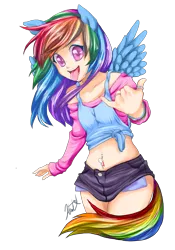 Size: 1400x2000 | Tagged: safe, artist:syertse, derpibooru import, rainbow dash, human, alternative cutie mark placement, belly button, bellyring, clothes, colored pupils, cute, dashabetes, devil horn (gesture), eared humanization, female, front knot midriff, humanized, midriff, off shoulder, open mouth, piercing, short shirt, shorts, simple background, solo, tailed humanization, tongue out, transparent background, winged humanization, wings
