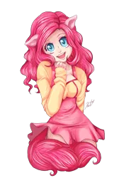 Size: 1400x2000 | Tagged: artist:syertse, clothes, colored pupils, cute, derpibooru import, diapinkes, dress, eared humanization, female, human, humanized, looking at you, open mouth, pinkie pie, safe, simple background, solo, tailed humanization, transparent background
