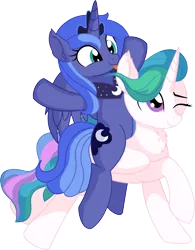 Size: 5924x7576 | Tagged: safe, artist:cyanlightning, derpibooru import, princess celestia, princess luna, alicorn, pony, .svg available, absurd resolution, cute, duo, ear fluff, female, mare, missing accessory, one eye closed, ponies riding ponies, riding, s1 luna, siblings, simple background, sisterly love, sisters, sitting, smiling, standing, tongue out, transparent background, vector