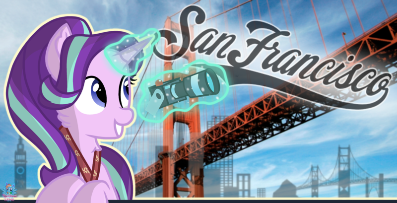 Size: 2192x1121 | Tagged: safe, artist:rainbow eevee, derpibooru import, starlight glimmer, pony, unicorn, atg 2019, camera, city, cute, doodle, female, glowing horn, golden gate bridge, holiday, horn, lanyard, levitation, magic, newbie artist training grounds, postcard, poster, san francisco, solo, telekinesis, vacation, wallpaper