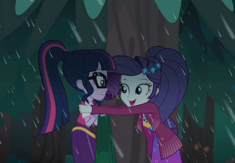 Size: 1558x1080 | Tagged: safe, derpibooru import, screencap, rarity, sci-twi, twilight sparkle, equestria girls, equestria girls series, inclement leather, spoiler:choose your own ending (season 2), spoiler:eqg series (season 2), cropped, cute, duo, duo female, female, glasses, inclement leather: twilight sparkle, incoming hug, outdoors, ponytail, rain, raribetes, smiling, suede jacket, trash bag, tree