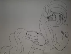 Size: 728x546 | Tagged: safe, artist:straighttothepointstudio, derpibooru import, oc, oc:serendipity, unofficial characters only, pegasus, pony, black and white, cute, cutie mark, drawing, female, glasses, grayscale, long mane, mare, monochrome, smiling, solo, traditional art