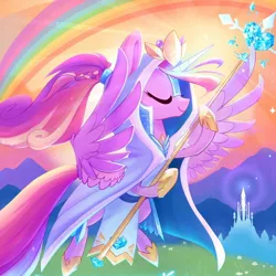 Size: 1080x1080 | Tagged: safe, artist:meekcheep, derpibooru import, idw, princess cadance, alicorn, pony, legends of magic, spoiler:comic, spoiler:comiclom9, cover, eyes closed, female, flying, hoof hold, majestic, mare, rainbow