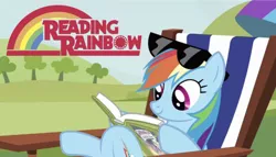 Size: 641x366 | Tagged: safe, derpibooru import, edit, edited screencap, editor:undeadponysoldier, screencap, daring do, rainbow dash, pegasus, pony, too many pinkie pies, book, chair, cute, exploitable meme, female, i see what you did there, lawn chair, logo, lying down, mare, meme, namesake, pun, reading, reading rainboom, reading rainbow, smiling, solo, sunglasses