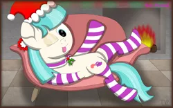 Size: 4000x2500 | Tagged: safe, artist:thevintagepone, derpibooru import, coco pommel, earth pony, pony, clothes, fireplace, on back, one eye closed, socks, solo, striped socks, tongue out, wink