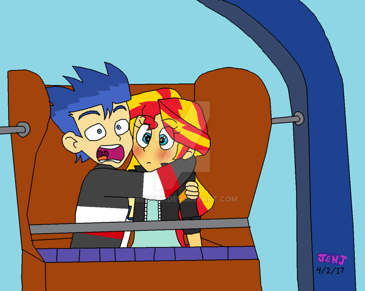 Size: 1024x816 | Tagged: safe, artist:resotii, derpibooru import, flash sentry, sunset shimmer, equestria girls, amusement park, amusement ride, female, ferris wheel, flashimmer, male, scared, shipping, straight