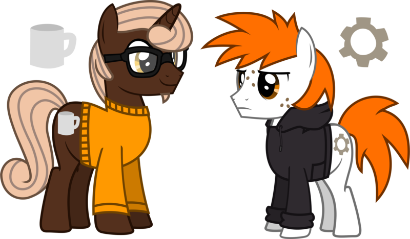 Size: 2274x1330 | Tagged: safe, artist:lightningbolt, derpibooru import, oc, oc:bitter brew, oc:titanium gear, unofficial characters only, earth pony, pony, unicorn, .svg available, clothes, commission, cutie mark, duo, facial hair, frown, glasses, hood, hoodie, long sleeves, male, short, simple background, smiling, stallion, svg, sweat, transparent background, vector