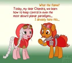 Size: 1000x875 | Tagged: safe, artist:phallen1, derpibooru import, ponified, pony, unicorn, armor, atg 2019, braid, braided tail, chandra nalaar, clothes, dialogue, duo, elderly, female, goggles, gradient background, hood, jaya ballard, looking at self, magic the gathering, mare, newbie artist training grounds, planeswalker