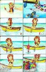 Size: 1968x3104 | Tagged: safe, artist:meiyeezhu, derpibooru import, rainbow dash, sunset shimmer, fish, human, equestria girls, equestria girls series, anime, armpits, belly button, boat, breasts, bubbling, busty sunset shimmer, caught, clothes, comic, coughing, denied, eating, fishing net, fishing rod, food, funny, goggles, hilarious, hot sauce, humanized, karma, laughing, oar, ocean, old master q, parody, red face, reference, scissors, sitting, sneezing, snorkel, snorkeling, spicy, summer, summer sunset, swimming, swimsuit, tabasco, underwater