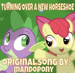 Size: 639x630 | Tagged: safe, artist:mandopony, derpibooru import, edit, editor:undeadponysoldier, apple bloom, spike, dragon, earth pony, pony, album cover, animal crossing, cute, daaaaaaaaaaaw, female, filly, happy, looking at each other, lying down, male, open mouth, parody, shipping, signature, smiling, song reference, spikebloom, straight, text, they grow up so fast, turning over a new leaf, word art