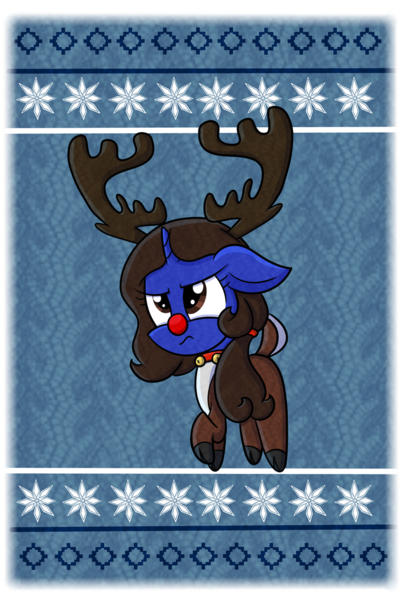 Size: 730x1095 | Tagged: safe, artist:vcm1824, derpibooru import, oc, unofficial characters only, pony, unicorn, animal costume, annoyed, clothes, costume, female, floppy ears, red nose, reindeer costume, solo