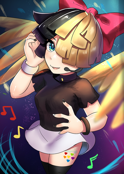 Size: 800x1120 | Tagged: anime, artist:tzc, bow, clothes, cute, derpibooru import, female, hair over one eye, headset, headworn microphone, human, humanized, humanized ponified human, miniskirt, moe, music notes, my little pony: the movie, nail polish, open mouth, safe, skirt, socks, solo, songbetes, songbird serenade, thigh highs, thighs, winged humanization, wings