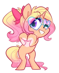 Size: 600x744 | Tagged: safe, alternate version, artist:meekcheep, derpibooru import, oc, oc:starstruck, unofficial characters only, pony, unicorn, blonde mane, bow, grin, hair bow, heart, heart hands, one eye closed, purple eyes, rearing, simple background, smiling, solo, sunglasses, tan coat, transparent background, wink