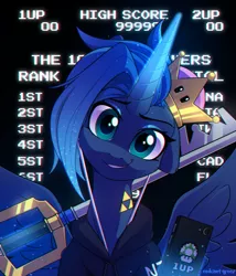 Size: 1300x1522 | Tagged: safe, artist:redchetgreen, derpibooru import, princess luna, alicorn, pony, gamer luna, 1up, arcade, chromatic aberration, clothes, crown, cute, eyeshadow, female, floppy ears, gamer, glowing horn, head tilt, high score, hoodie, horn, jewelry, kingdom hearts, kingdom key, looking at you, lunabetes, makeup, mario, mass effect, mobile phone, phone, reference, regalia, short mane, smiling, smirk, solo, spread wings, super crown, the legend of zelda, triforce, wings