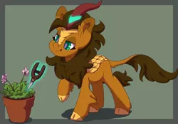 Size: 1280x889 | Tagged: artist:jennithedragon, border, cloven hooves, derpibooru import, ear fluff, female, gardening, green background, kirin, kirin oc, magic, oc, oc:earthen spark, potted plant, safe, shears, simple background, unofficial characters only