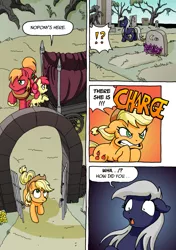 Size: 1199x1700 | Tagged: safe, artist:tarkron, derpibooru import, apple bloom, applejack, big macintosh, oc, oc:tara, earth pony, pony, comic:ghosts of the past, apple siblings, apple sisters, brother and sister, comic, dialogue, exclamation point, female, filly, floppy ears, graveyard, interrobang, male, mare, onomatopoeia, question mark, shocked, siblings, sisters, stallion, wagon