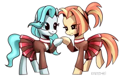 Size: 1962x1254 | Tagged: safe, artist:nancy-05, derpibooru import, lighthoof, shimmy shake, earth pony, pony, 2 4 6 greaaat, clothes, cute, female, lightorable, mare, pleated skirt, ponytail, raised hoof, raised leg, shakeabetes, simple background, skirt, sweater, transparent background