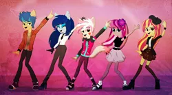 Size: 1938x1080 | Tagged: safe, artist:galacticflashd, derpibooru import, oc, oc:amethyst sapphire, oc:dylan rapid, oc:foxy elspet, oc:lavender floralis, oc:styler selvano, equestria girls, amethystbetes, boots, clothes, cute, dancing, ears, female, flower, group, helping twilight win the crown, high heel boots, male, ocbetes, pantyhose, ponied up, shoes, skirt, smiling, socks, tail, thigh highs