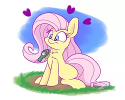 Size: 1280x1024 | Tagged: safe, artist:heir-of-rick, derpibooru import, fluttershy, pegasus, pony, :t, atg 2019, brush, brushie, cute, female, floating heart, frown, heart, hidden cane, mare, newbie artist training grounds, pokémon, shyabetes, simple background, sitting, solo, white background, wide eyes, wingless