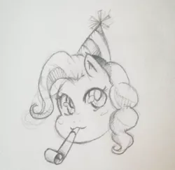 Size: 407x396 | Tagged: safe, artist:jaegerjaques, derpibooru import, pinkie pie, pony, black and white, bust, cute, disembodied head, female, grayscale, hat, head, manga, monochrome, party hat, portrait, sketch, smiling, solo, traditional art