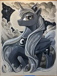 Size: 1536x2048 | Tagged: safe, artist:andypriceart, derpibooru import, princess luna, alicorn, pony, colored pencil drawing, female, jewelry, looking at you, mare, marker drawing, moon, regalia, smiling, solo, traditional art