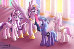 Size: 3000x2000 | Tagged: safe, artist:shad0w-galaxy, derpibooru import, princess celestia, princess luna, starlight glimmer, twilight sparkle, twilight sparkle (alicorn), alicorn, pony, unicorn, alicornified, alternate universe, canterlot, cewestia, ethereal mane, female, filly, galaxy mane, high res, hoof shoes, mare, patreon, pink-mane celestia, princess starlight glimmer, race swap, role reversal, royal sisters, starlicorn, ultimate twilight, unicorn luna, woona, xk-class end-of-the-world scenario, young celestia, young luna, younger