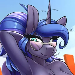 Size: 512x512 | Tagged: alicorn, anthro, arm behind head, armpits, artist:sugarlesspaints, bare shoulder portrait, bare shoulders, bird, breasts, bust, cheek fluff, chest fluff, cleavage, cleavage fluff, cropped, cute, derpibooru import, female, lunabetes, portrait, princess luna, seagull, smiling, solo, suggestive, sunglasses