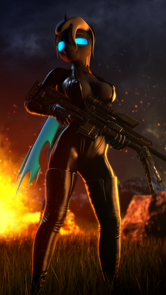 Size: 2160x3840 | Tagged: 3d, absolute cleavage, anthro, artist:jacob_lhh3, boots, breasts, catsuit, changeling, changeling oc, cleavage, clothes, derpibooru import, female, fire, glowing eyes, gun, leather, leather boots, leather gloves, nexgen, night, nipples, nudity, oc, oc:dragonfly, plantigrade anthro, questionable, rifle, shoes, sniper rifle, solo, source filmmaker, suit, thigh boots, weapon, wings